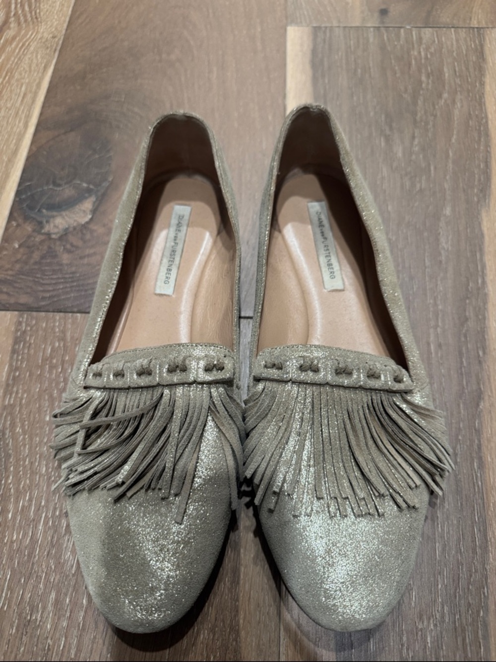 Diane Von Furstenberg Metallic Taupe Suede Fringe Loafers
